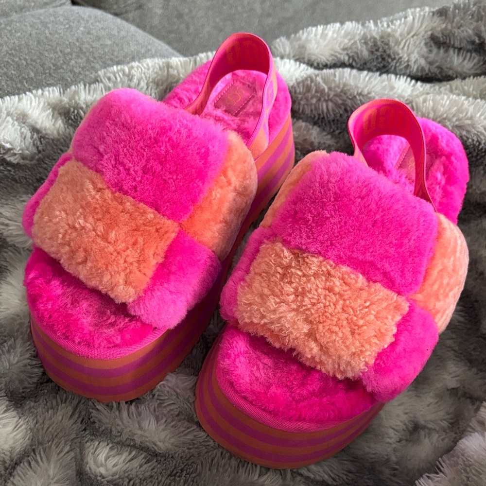 UGG Pink and Orange Fluffy Slippers